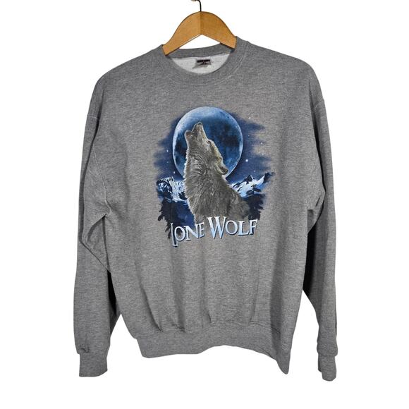 Vtg Lone Wolf Moon Gray Heathered Crew Sweatshirt Collegiate Pullover Large - Picture 1 of 4